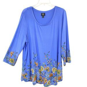 JM Collection 2X Blue FLORAL Pullover STRETCH Jersey Knit MINI Dress Tunic